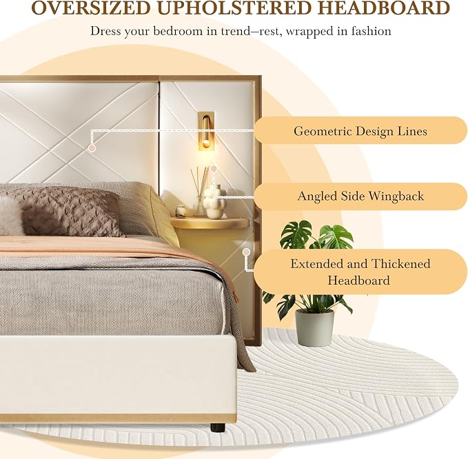 Merax Queen Bed Frame with Wingback Headboard, Luxury Velvet Upholstered Platform Bed Frame King Size with 2 Built-in Led Lights and 2 Floating Storage Shelves for Bedroom, No Box Spring Needed, Beige