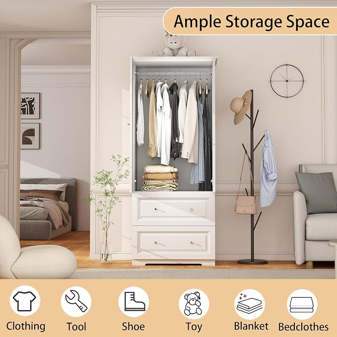 Bedroom Armoire Wardrobe Closet with Drawers: White Wardrobe Closet for Hanging Clothes, Large Wardrobes Storage Closets, Wood Closets Cabinets with Doors and Shelves (White, 31.5")