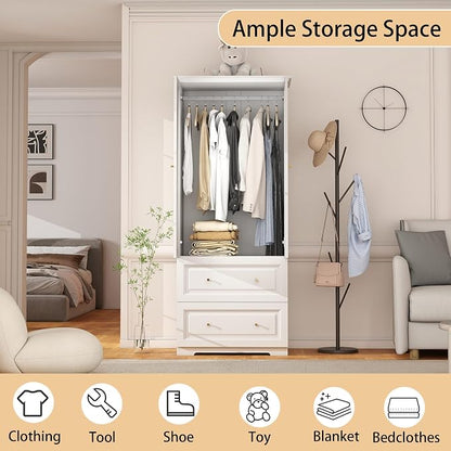 Bedroom Armoire Wardrobe Closet with Drawers: White Wardrobe Closet for Hanging Clothes, Large Wardrobes Storage Closets, Wood Closets Cabinets with Doors and Shelves (White, 31.5")