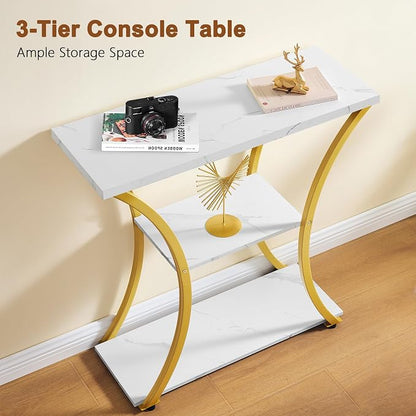 Hoctieon 3 Tier Console Table with Open Wood Shelves, Decorative Entryway Table with Curved Metal Frames, Narrow Sofa Table for Entrance, Living Room, Hallway, Gold and White Marbled