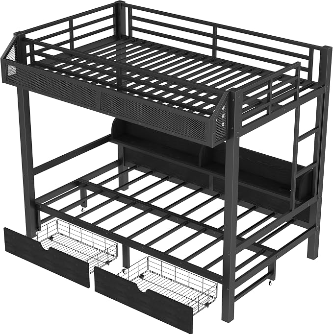 Bellemave Bunk Bed Twin XL Over Twin XL，Metal Bunk beds with Storage Shelves and Drawers USB Ports and LED Lights, Lower Bed That can be Converted into a Sofa, Black