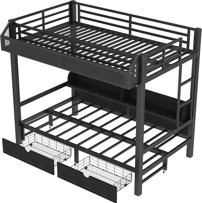 Bellemave Bunk Bed Twin XL Over Twin XL，Metal Bunk beds with Storage Shelves and Drawers USB Ports and LED Lights, Lower Bed That can be Converted into a Sofa, Black