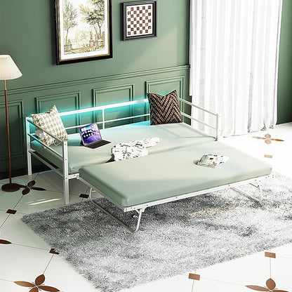 VINGLI Daybed with Trundle Twin, Metal Trundle Bed Frame with Pop Up Trundle Day Bed,Sofa Platform Bed with LED Lights and Charging Station,Pull Out Bed with Sturdy Steel Slats Support, White