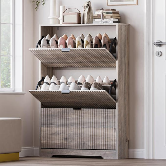 BORNOON Entryway Shoe Cabinet with 3 Flip Drawers, Narrow Shoe Organizer Cabinet with Fluted Panel and Adjustable Shelves for Foyer, Hallway
