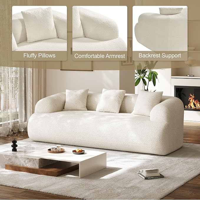 91" Boneless Couch,Cloud Couch,Chenille Curved Sofa with 3 Seater and 3 Pillows, Modern Compression Sofa for Living Room, Bedroom and Apartment, No Assembly Required, Beige White
