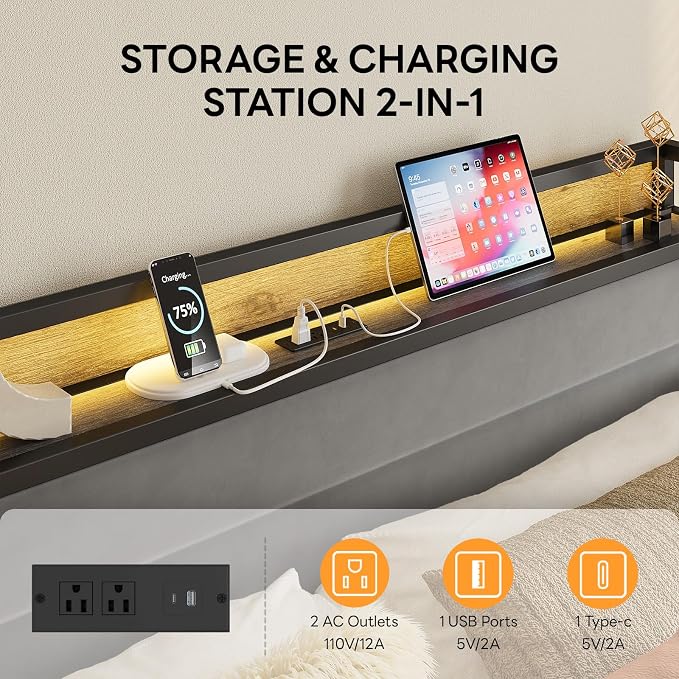 LIKIMIO King Size Bed Frame, Storage Headboard with LED Lights and Charging Station, Metal Platform Bed No Box Spring Needed, Noise Free, Under Bed Storage, Charcoal Gray
