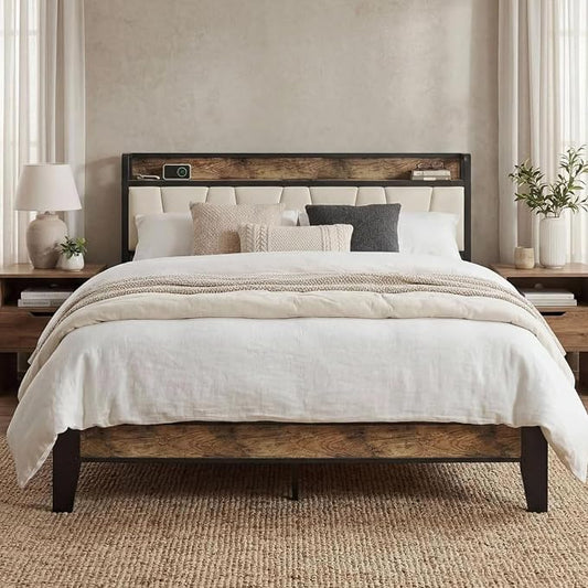 LIKIMIO Full Size Bed Frame with Storage Headboard & Charging Station | Upholstered Headboard, Storage Shelf, Solid and Stable, Noise Free, No Box Spring Needed, Easy Assembly (Walnut and Beige)