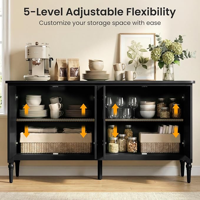 RoyalCraft Buffet Cabinet with Storage, 59" Vintage Sideboard with Adjustable Shelves, Mid Century Modern Painted Credenza Coffee Bar for Kitchen, Dining Room, Entryway, Living Room, Satin Black