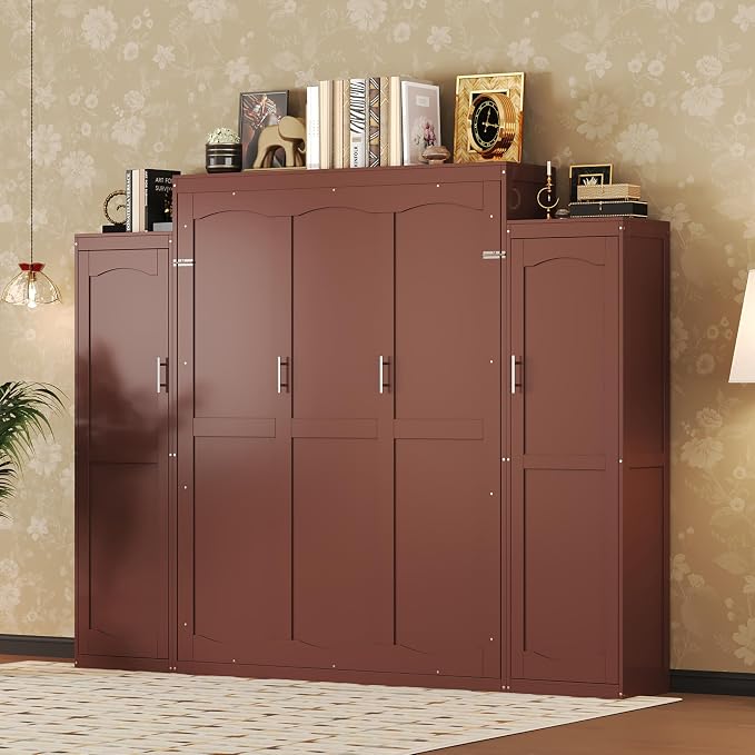Merax Queen Size Wood Murphy Bed, with 2 Wardrobe and Storage Shelf, Multifunctional Foldable Wall Platform Bedframe for Guest-Room, Bedroom, Walnut