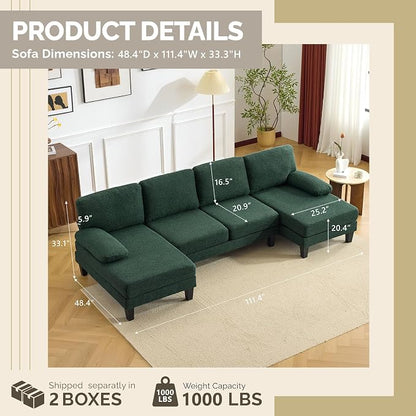 VINGLI 110' U-Shaped Sectional Couch with Two Chaise, Affordable Small Sofa with 4 Seats, Chenille Fabric Comfy Couches for Living Room, Dark Green