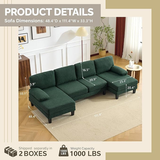 VINGLI 110' U-Shaped Sectional Couch with Two Chaise, Affordable Small Sofa with 4 Seats, Chenille Fabric Comfy Couches for Living Room, Dark Green
