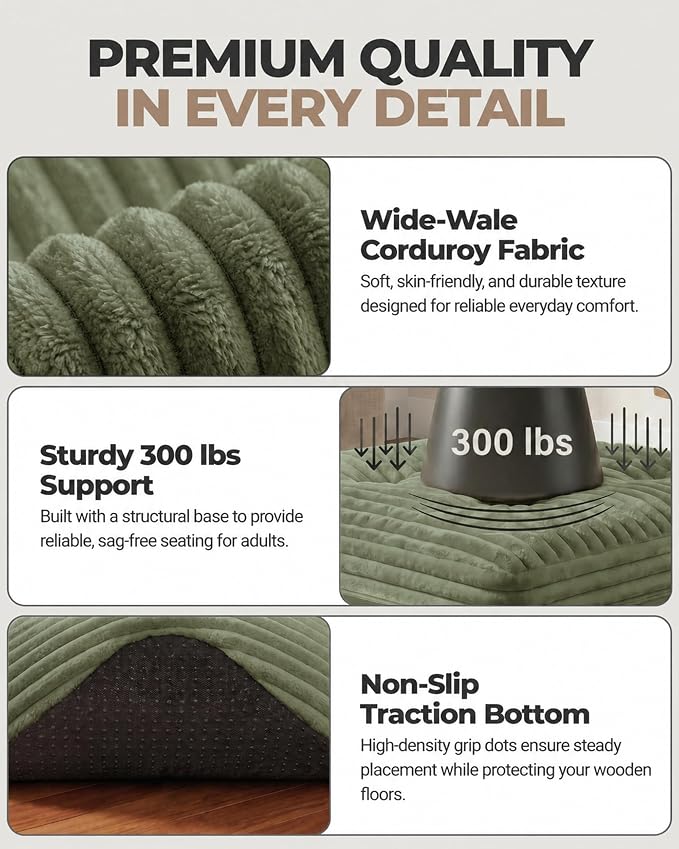 23.6in Pouf Ottoman, Corduroy Ottoman Foot Rest with Dual‑Layer Support, Large Poofy Pouf with Soft Chunk‑Foam Top & Firm Foam Base, Floor Foot Stool for Living Room, Green