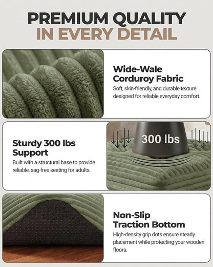 23.6in Pouf Ottoman, Corduroy Ottoman Foot Rest with Dual‑Layer Support, Large Poofy Pouf with Soft Chunk‑Foam Top & Firm Foam Base, Floor Foot Stool for Living Room, Green