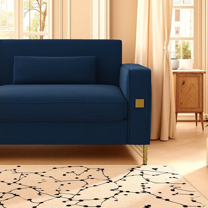 KEIKI 86" Oversized Luxury Velvet Sofa with Armrest and Removable Plush Cushions, Gold Accents 3-Seater Couch with Solid Legs, Easy Assembly, for Living Room, Bedroom, Apartment, Blue