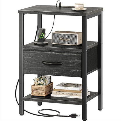 SUPERJARE Nightstand with Charging Station, Bed Side Table with Adjustable Fabric Drawer, Night Stand for Bedroom, 3-Tier Storage End Table, for Living Room, Charcoal Black Wood Grain Print