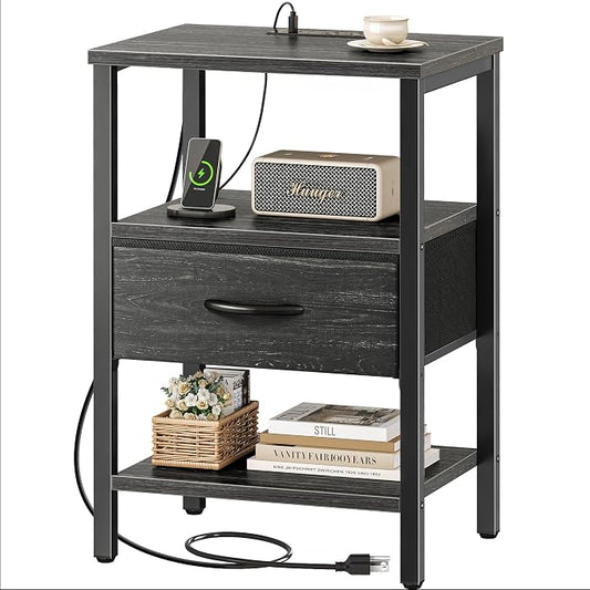 SUPERJARE Nightstand with Charging Station, Bed Side Table with Adjustable Fabric Drawer, Night Stand for Bedroom, 3-Tier Storage End Table, for Living Room, Charcoal Black Wood Grain Print