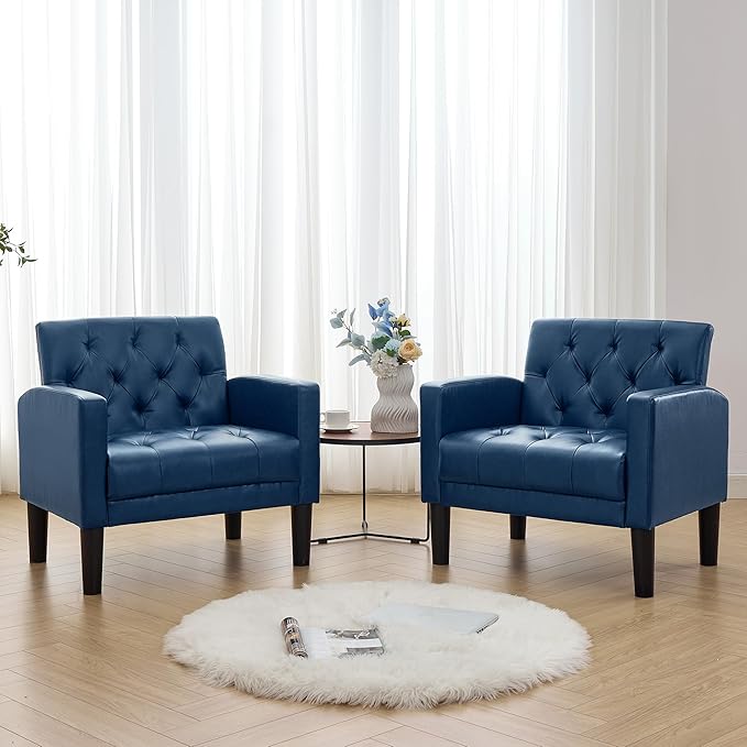TYBOATLE Accent Chairs Set of 2 Comfy Living Room Chair Leather Tufted Mid Century Modern Accent Chair, Small Cozy Reading Arm Chair for Office, Bedroom (2, Blue)