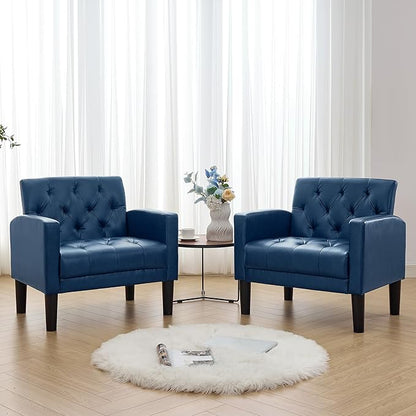 TYBOATLE Accent Chairs Set of 2 Comfy Living Room Chair Leather Tufted Mid Century Modern Accent Chair, Small Cozy Reading Arm Chair for Office, Bedroom (2, Blue)