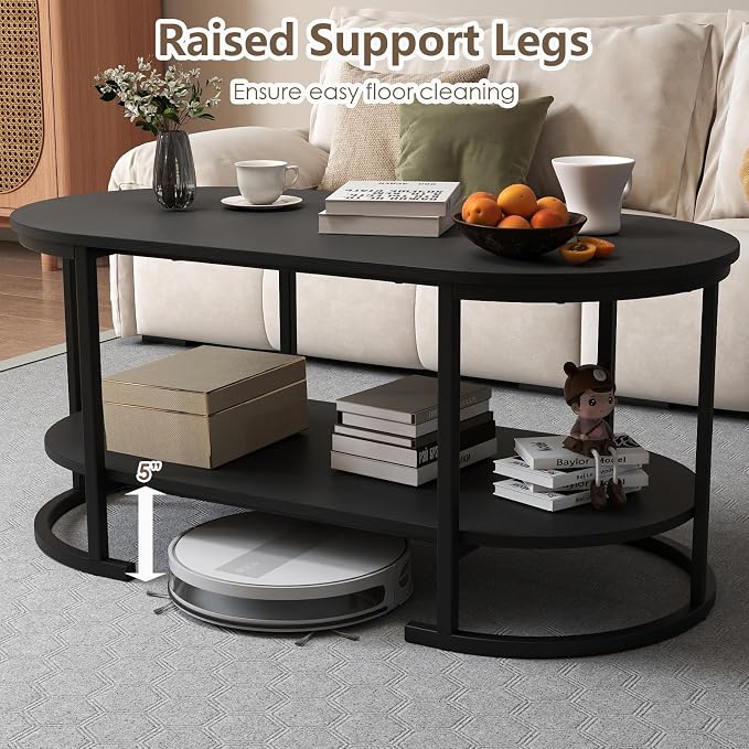 Giantex 2-Tier Coffee Table, Oval Center Table with Wood Grain Top & Open Storage Shelf, Modern Accent Table with Heavy Duty Metal Frame, Cocktail Table for Living Room Reception (Black)