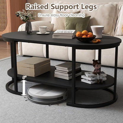 Giantex 2-Tier Coffee Table, Oval Center Table with Wood Grain Top & Open Storage Shelf, Modern Accent Table with Heavy Duty Metal Frame, Cocktail Table for Living Room Reception (Black)