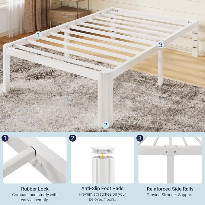 Allewie Metal Twin Bed Frame, 14 Inch 3500LBS Heavy Duty Platform Bed with Rounded Corner & Under Bed Storage, No Box Spring Needed, Noise Free, Easy Assembly, White