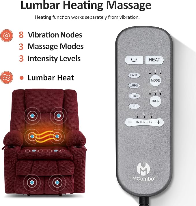 MCombo Large Dual Motor Power Lift Recliner Chair for Elderly, Zero Gravity Lift Chair with Heat and Massage, Infinite Position Lay Flat Recliner, USB Ports, Cup Holders, Fabric 7896 (Large, Burgundy)