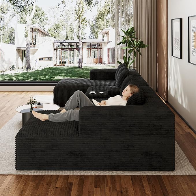 143" Oversized U Shaped Cloud Sectional Couches for Living Room, Comfy Fluffy Corduroy Black Boneless Couch, Large Modular Sectional Sofa Set with Chaise, Cup Holder, USB Port, Storage Console