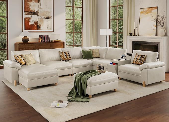 SITJOY Large Cloud Couch, 138" Wide 6 Seater V Shaped with Console, White | Pet-Friendly Scratch-Resistant Leather Sectional Sofas for Living Room, Deep Seat Wide Couch with Chaise, Storage Ottoman
