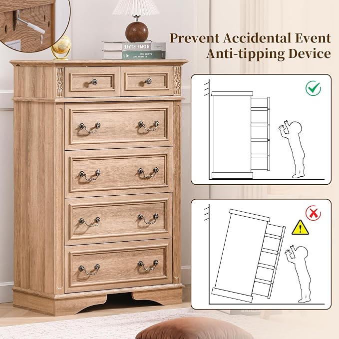 Farmhouse Dresser and Nightstand Sets, 6-Drawer Dresser & 3 Drawer Nightstand Sets, 3 Pieces Rustic Wood Bedroom Furniture Set for Home, Bedroom, Hallway（Natural）