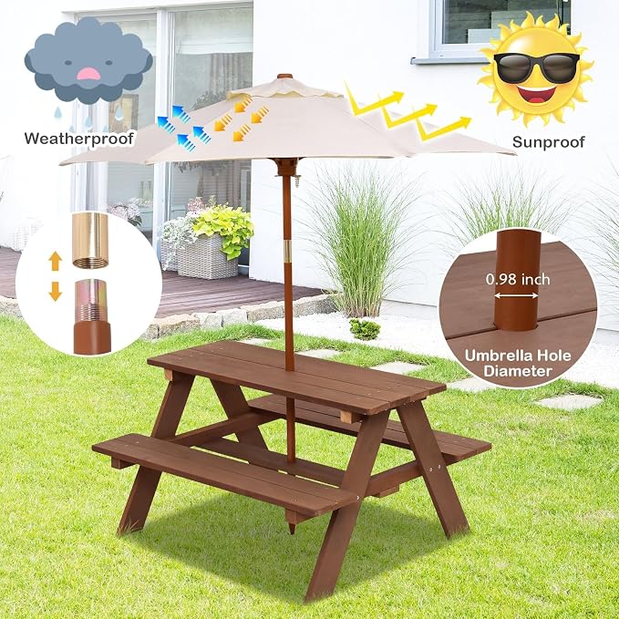 HONEY JOY Kids Picnic Table, Outdoor Wooden Bench Set w/Removable Umbrella, Children Backyard Furniture for Patio Garden, Toddler Picnic Table for Outdoors, Gift for Boys Girls, Walnut