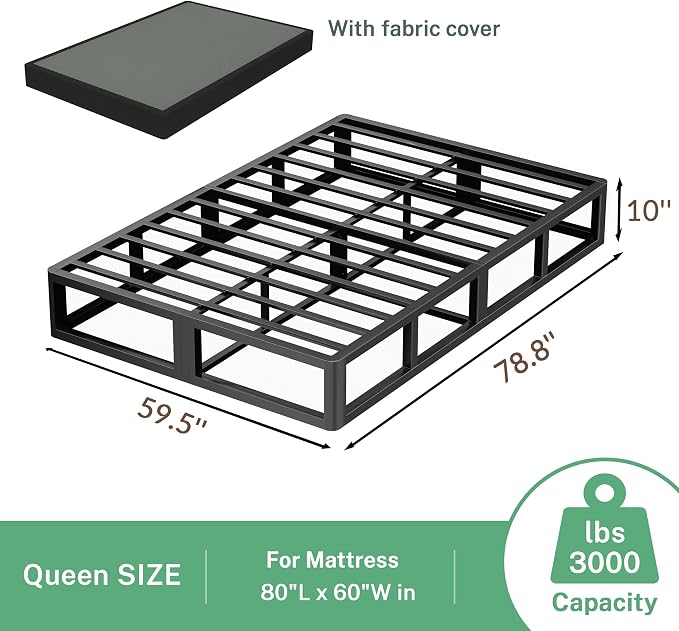 VIPSHOW 10 Inch Queen Metal Bed Frame Round Corner Low Platform Bed Frames 3000 LBS Heavy Duty Steel Slats Support Mattress Foundation No Box Spring Needed, Noise Free, Easy Assembly, Black