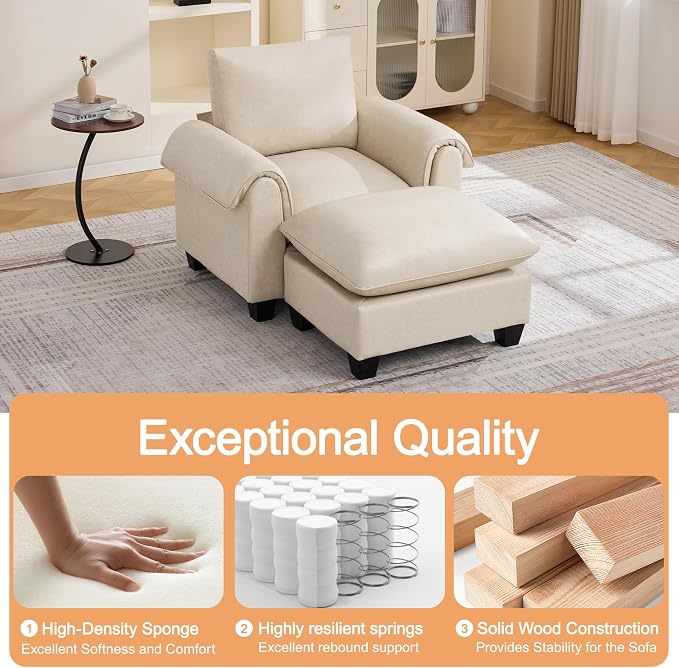 44.5" Faux Leather Single Sofa with Movable Ottoman, Oversized Accent Chair with Curved Armrests, Cloud Modern Sofa Upholstered Reading Lounge Armchair for Living Room, Bedroom，Beige