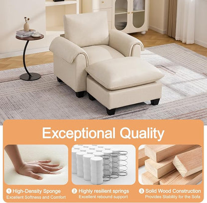44.5" Faux Leather Single Sofa with Movable Ottoman, Oversized Accent Chair with Curved Armrests, Cloud Modern Sofa Upholstered Reading Lounge Armchair for Living Room, Bedroom，Beige
