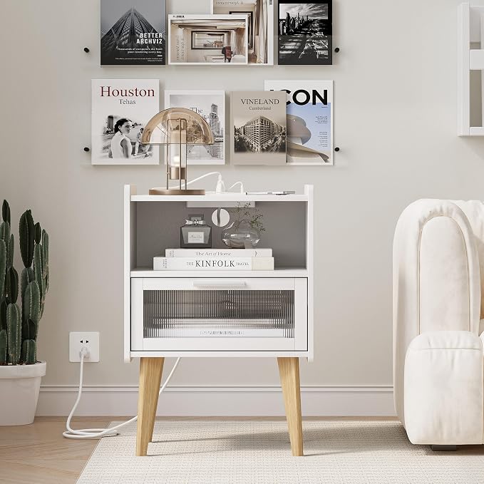 MMEOLUOOK Nightstand with Charging Station, Bedside Tables, End Table Side Table with 2 Tiers Storage Space, for Bedroom, Living Room, White MLBZ07WE-2