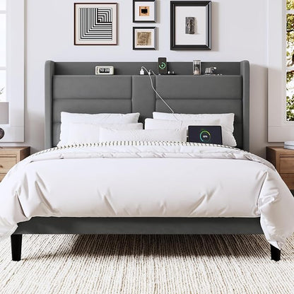 Allewie Full Size Platform Bed Frame with Charging Station & Storage Headboard, Upholstered Velvet Wingback Design & USB Port, Strong Wooden Slats Support, No Box Spring Needed, Easy Assembly, Grey