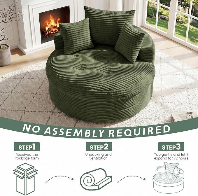 Oversized Round Chaise Lounge Chair, Deep Seat Cloud Boneless Floor Sofa Couch, Upholstered Corduroy Sleeper with 3 Pillows & Optional Ottoman, No Assembly Modern Lazy Floor Lounger for Living Room