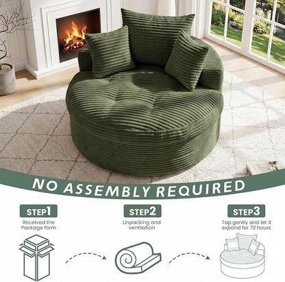 Oversized Round Chaise Lounge Chair, Deep Seat Cloud Boneless Floor Sofa Couch, Upholstered Corduroy Sleeper with 3 Pillows & Optional Ottoman, No Assembly Modern Lazy Floor Lounger for Living Room