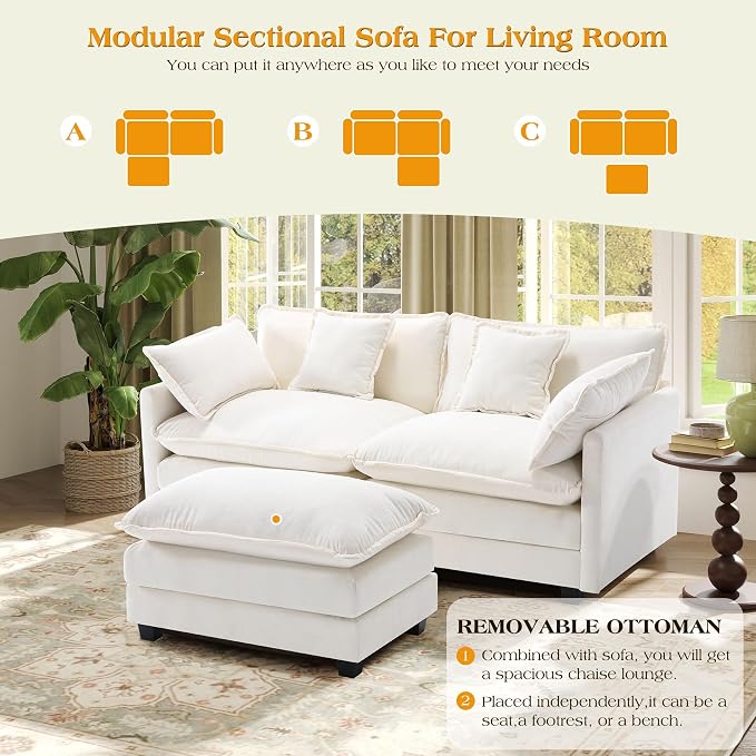 77.6" Modular Sectional Sofa,Loveseat Couch for Living Room, Modern Deep Seat Sofa 2 Seater Chenille Fabric Comfy Cloud Couches with Throw Pillows & Ottoman for Living Room,Apartment