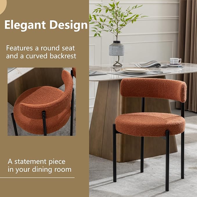Boucle Dining Chairs Set of 4, Rust Dining Chairs with Upholstered Seat and Round Back, Mid-Century Modern Kitchen Chairs for Dining Room, Restaurant