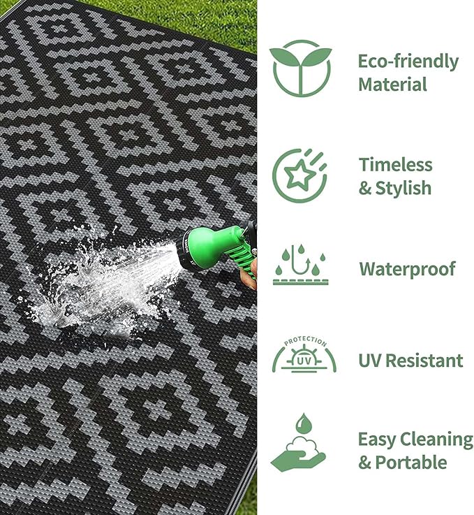 GENIMO Outdoor Rugs 2.5'x8' Waterproof, Reversible Mats, Outdoor Area Rug, Plastic Outside Carpet, Eeometric Rv Mat for Patio Camping Rv Picnic Backyard Deck Balcony Porch Beach (Black & Grey)