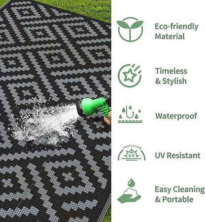 GENIMO Outdoor Rugs 2.5'x8' Waterproof, Reversible Mats, Outdoor Area Rug, Plastic Outside Carpet, Eeometric Rv Mat for Patio Camping Rv Picnic Backyard Deck Balcony Porch Beach (Black & Grey)
