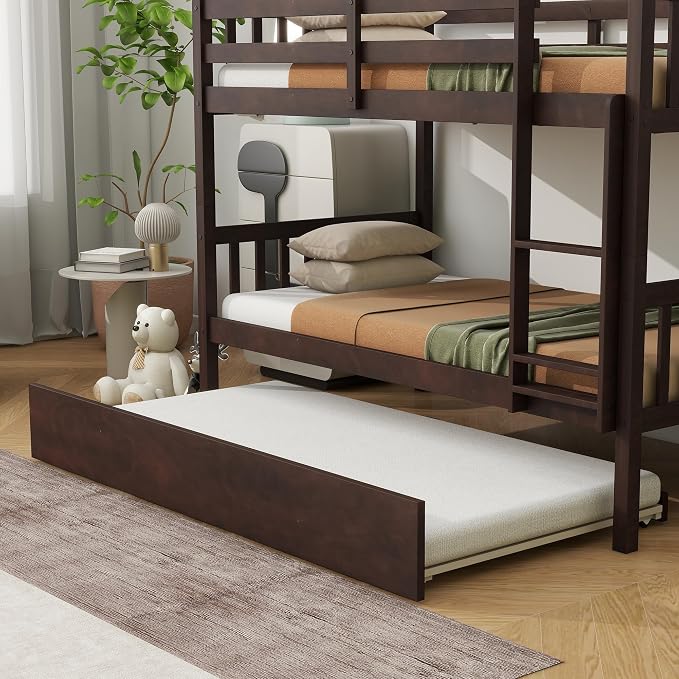 Merax Twin-Over-Twin Bunk Bed with Movable Trundle, Solid Wood Detachable Bunk Bed with Safety Guardrial and Ladder, Can be Converted Into 3 Separate Beds (Espresso)