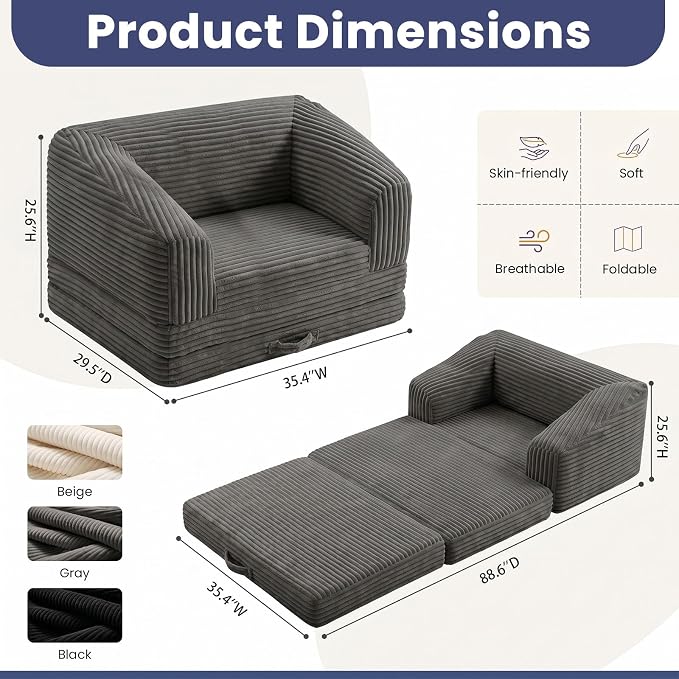JUIKURY Convertible Sofa Bed, 3-in-1 Foldable Loveseat Couch with Armrest, Corduroy Floor Sofa & Sleeper Bed, No Assembly High-Density Foam Futon Mattress for Living Room, Small Apartment, Dorm