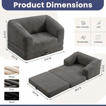 JUIKURY Convertible Sofa Bed, 3-in-1 Foldable Loveseat Couch with Armrest, Corduroy Floor Sofa & Sleeper Bed, No Assembly High-Density Foam Futon Mattress for Living Room, Small Apartment, Dorm