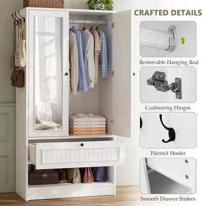 Feonase Armoire Wardrobe Cabinet with Mirror and Drawer, 70" 2-Door Wooden Closet Organizer for Bedroom Storage, White