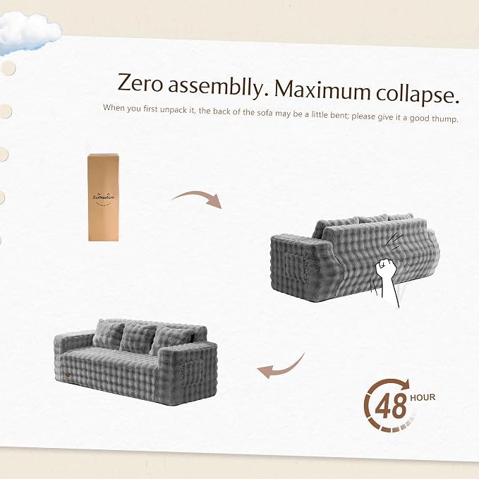 ZurNesfure Sofa Couch Cloud 3-Seater Memory Foam Couch with Pillow No Assembly Required, Modern Couch with Removable Washable Cover Boneless Sofas for Living Room Bedroom Apartment (Grey,3-Seater)
