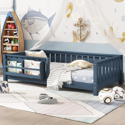 Bellemave Twin Size Montessori Floor Bed with Slats and Fence, Twin Size Montessori Bed with Rails and Bookcase, Easy Assemble Floor Beds Frame, Blue