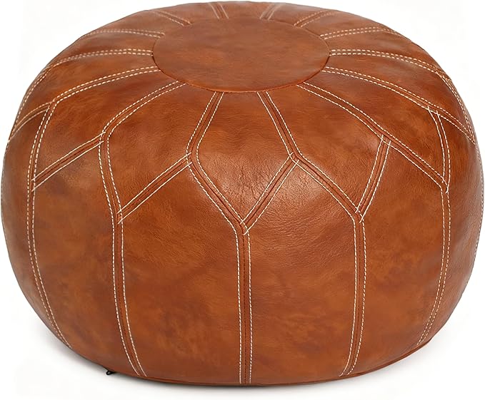 Thgonwid Unstuffed Moroccan Faux Leather Pouf Ottoman Cover with Storage - Boho Chic Multi-Use Footrest for Living Room, Bedroom, Patio - Round Ethnic Floor Cushion & Decorative Accent, Brown