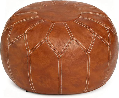 Thgonwid Unstuffed Moroccan Faux Leather Pouf Ottoman Cover with Storage - Boho Chic Multi-Use Footrest for Living Room, Bedroom, Patio - Round Ethnic Floor Cushion & Decorative Accent, Brown