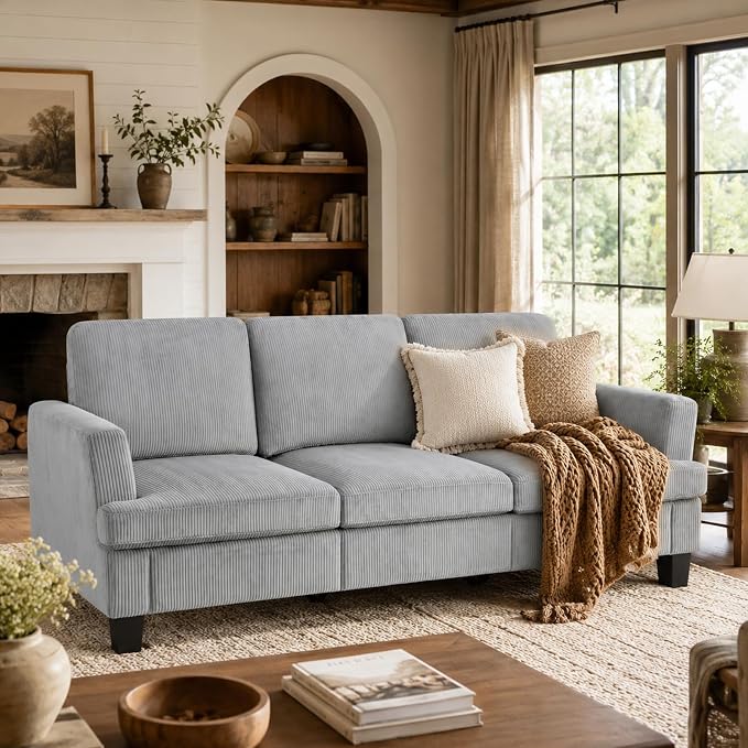 Modern 3 Seater Sofa for Living Room with Soft Deep Seats, Sofa 3 Seater in Linen, Upholstered Apartment Sofa with Armrests, Comfy Cozy Sofas for Bedroom (Corduroy, Light Grey)
